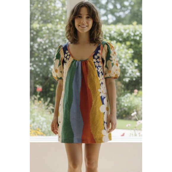 FARM RIO Super Fun Daisy Organic Cotton Mini Dress Boho Feminine Bright- Size XS - Picture 1 of 12